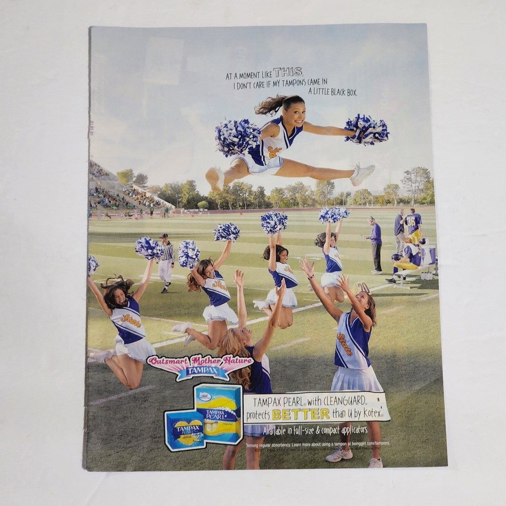 2011 Tampax Pearl Print Ad Cheerleader Football Game Magazine Clipping 8x11